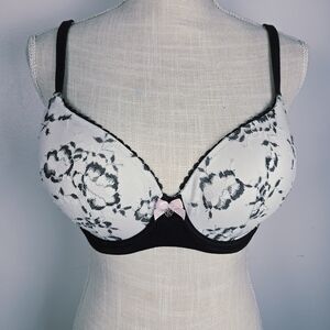 Victoria's Secret Lined Demi Black and White Lace Floral Bra Pink Bow 32DDD